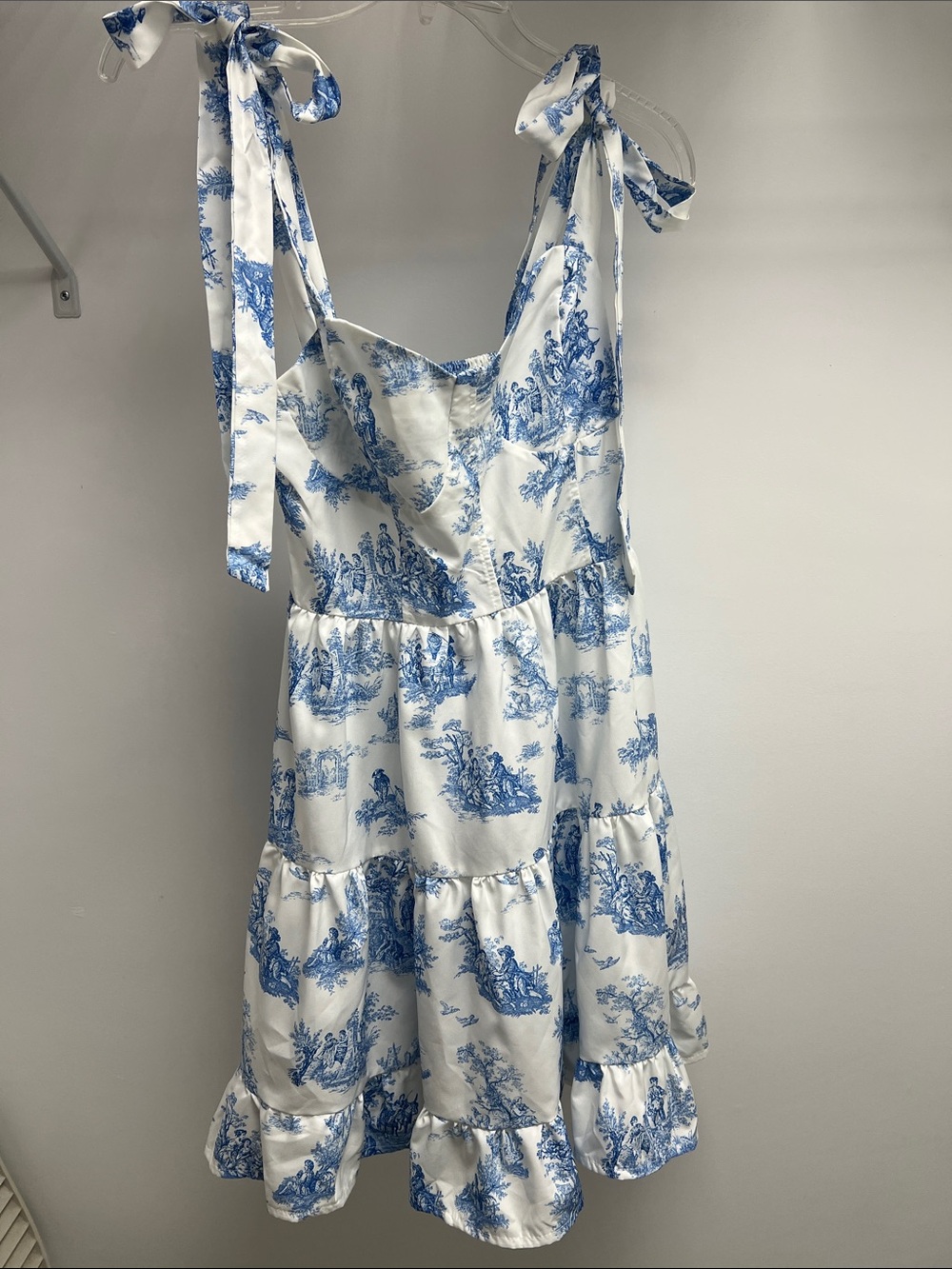 SHEIN White and Blue Toile Tie-Shoulder Tiered Mini Dress